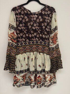 Zara Woman Patchwork Boho Mini Dress Bell Sleeve Floral Crochet M